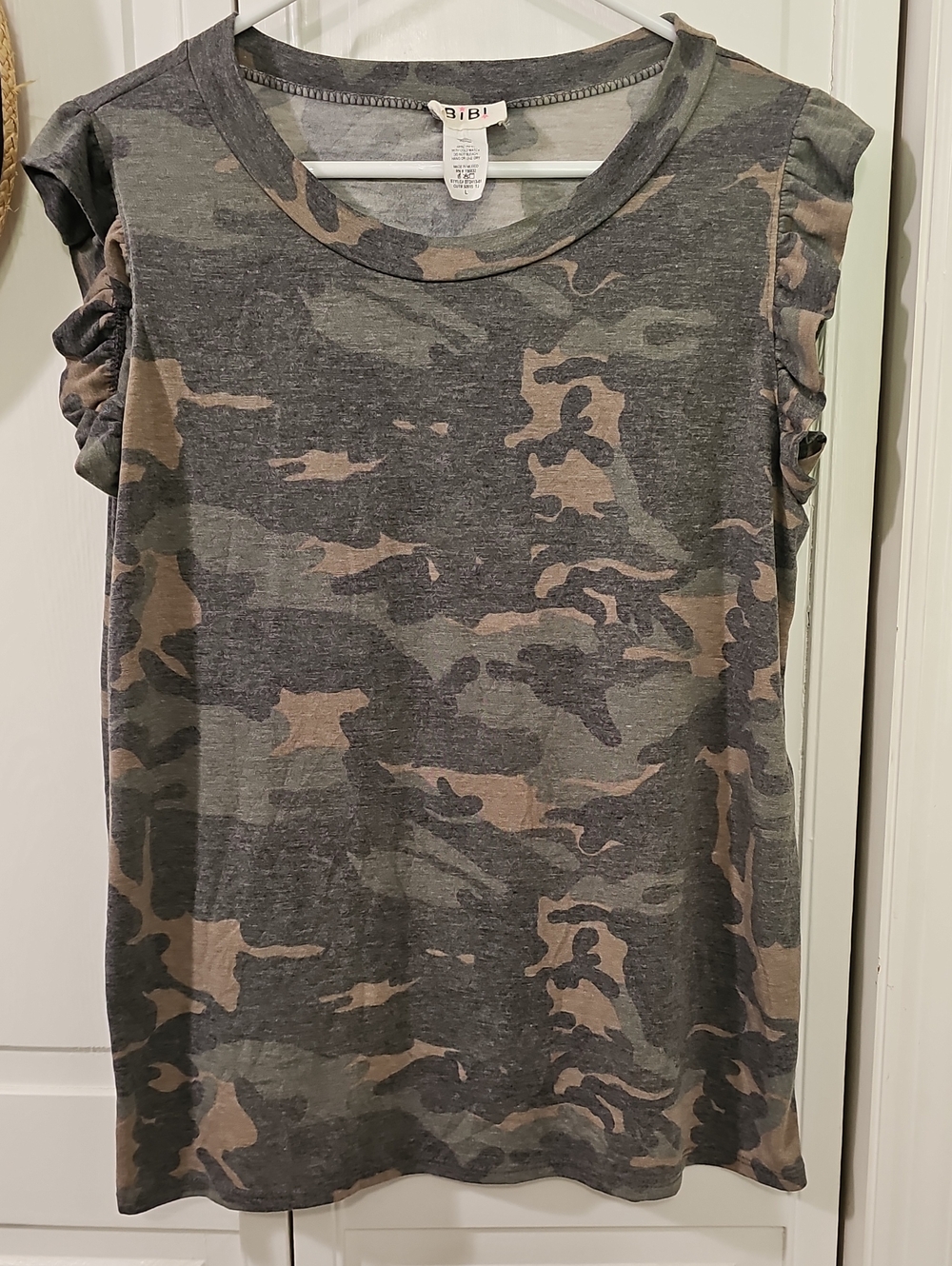 BiBi Olive & Gray Camo Ruffle Tank